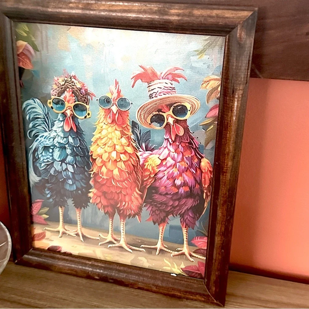 Silly Chicken Squad Hats & Sunglasses Canvas Wall Art Wood Framed Farm Print